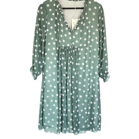 Cloe Italy Green Cream Polka Dot Chiffon Babydoll Ankle Dress NWT Mini - Picture 2 of 5